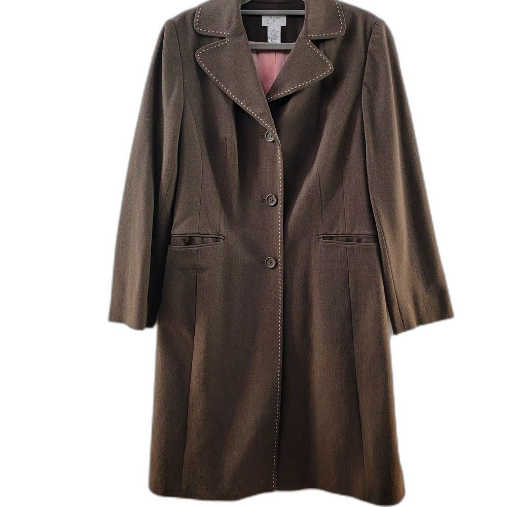 Ann Taylor Loft Brown Long Coat Front Pockets Two Button Cuffs Women's Size 4